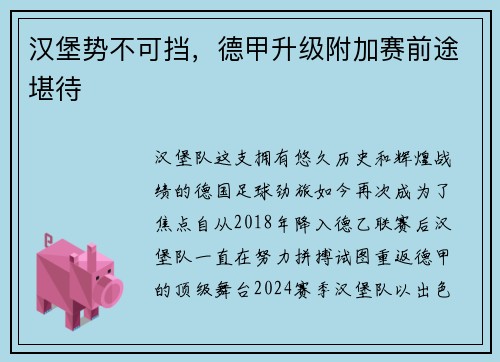 汉堡势不可挡，德甲升级附加赛前途堪待